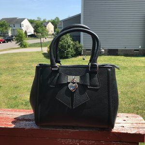 Black Pebbled Leather w/ Silver Heart and Bow. Genuine Italian Leather Satchel